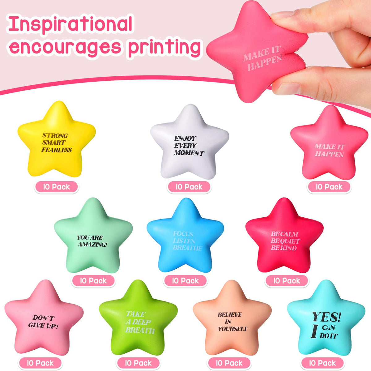 Sotiff star stress balls display motivational quotes on surface to boost daily motivation.