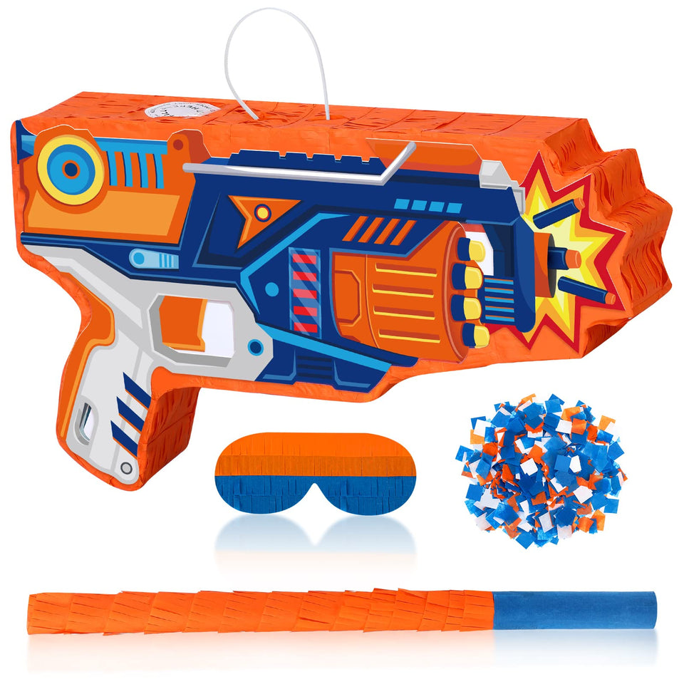 Sotiff toy gun piñata with bright colors as a lively party centerpiece