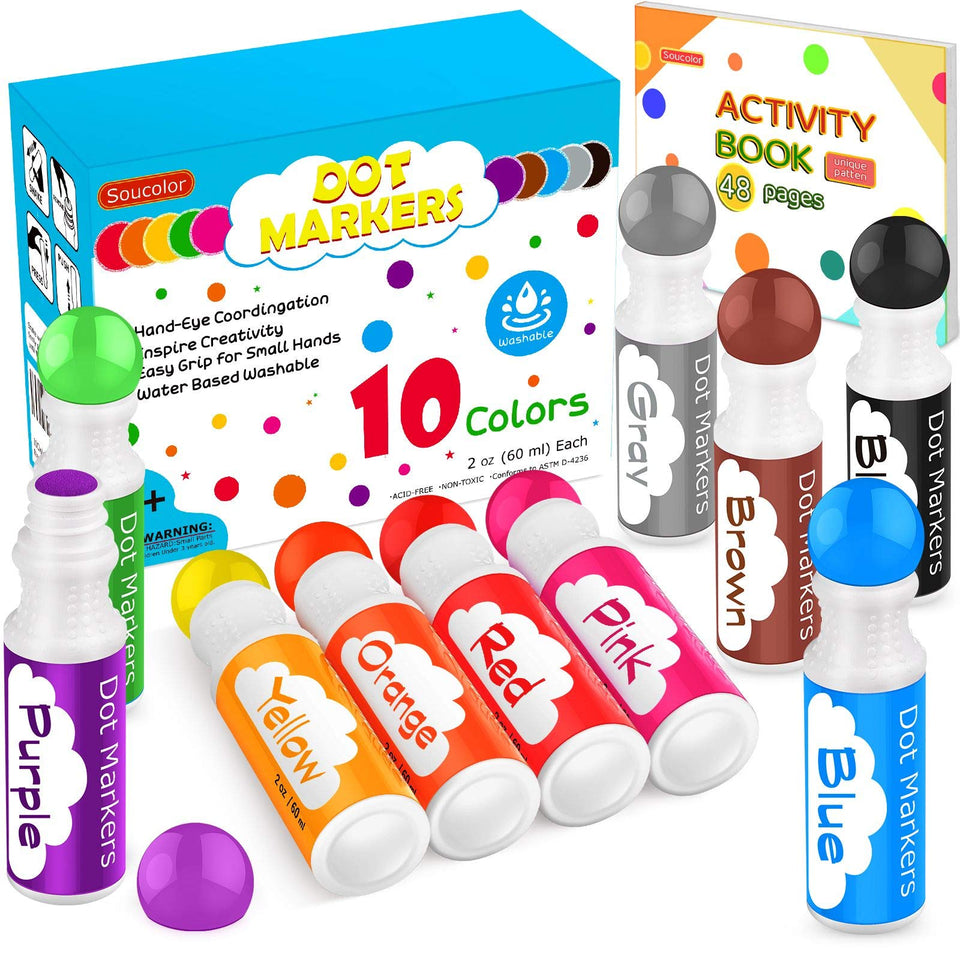 Soucolor Washable Dot Markers offer 10 colors for vibrant, blendable kid artwork.