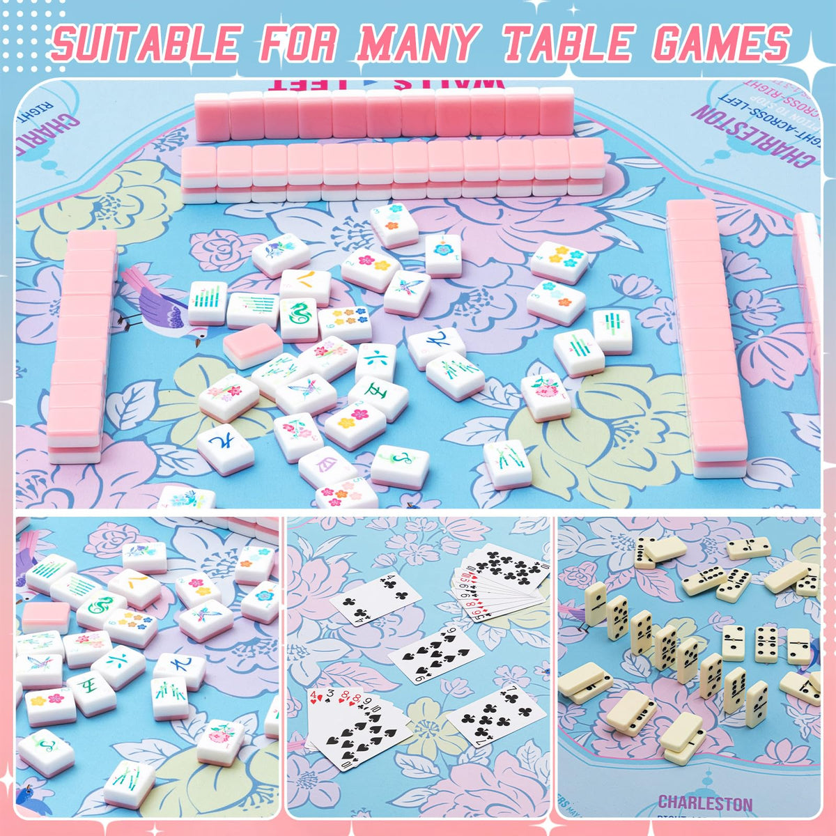 Soulchen blue floral design on the Mahjong mat adds visual appeal.