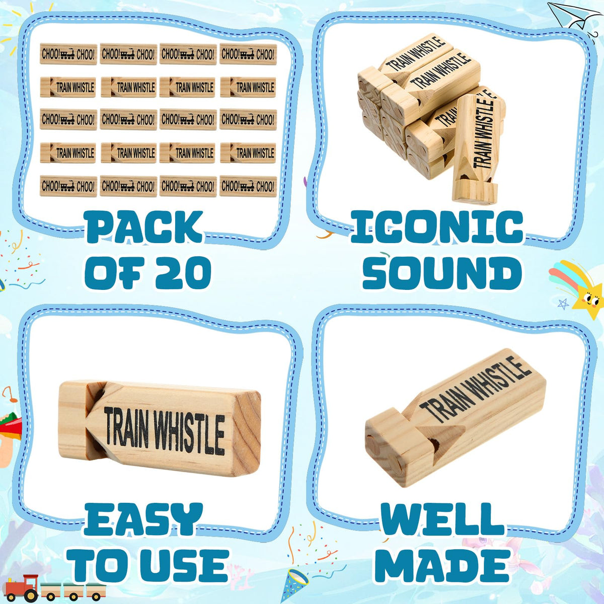 Soulchen bulk wooden train whistles ideal for classrooms and events.