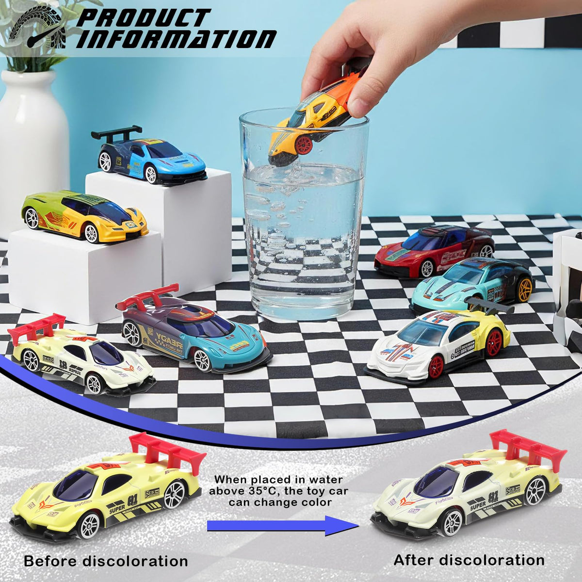 Soulchen 8-pack cars with varied before/after color patterns in water exposure.