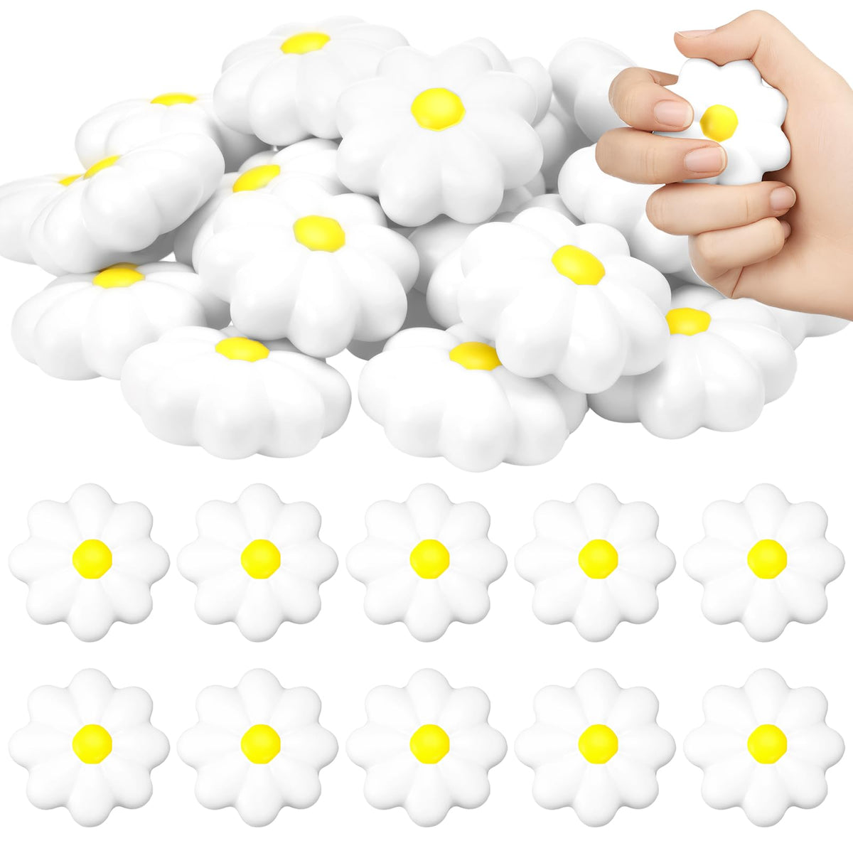 Soulchen daisy stress ball 24-pack in white and yellow, ideal for gifting and party favors.