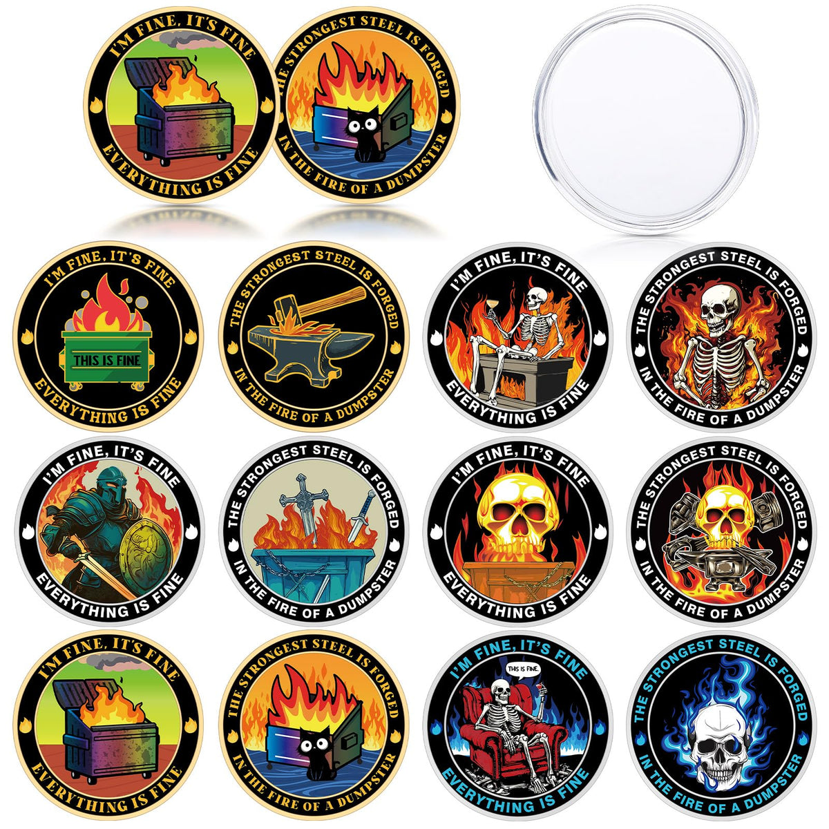 Soulchen Dumpster Fire coin front view with vibrant colors for desk decor.