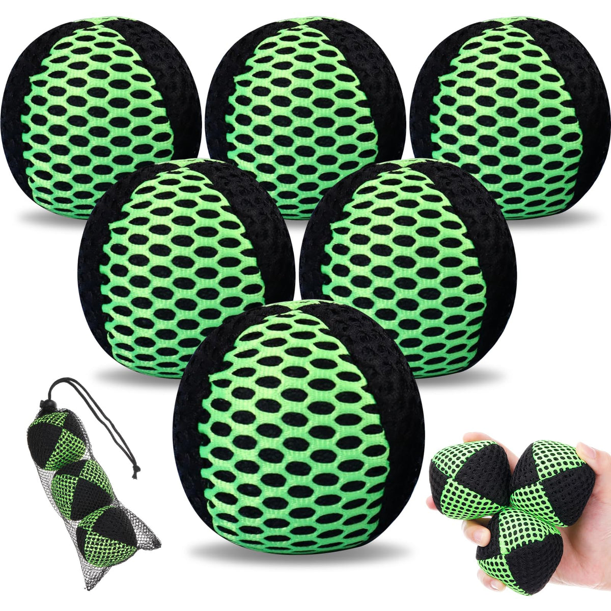 Soulchen six-pack juggling balls front view in black and green for versatile practice.