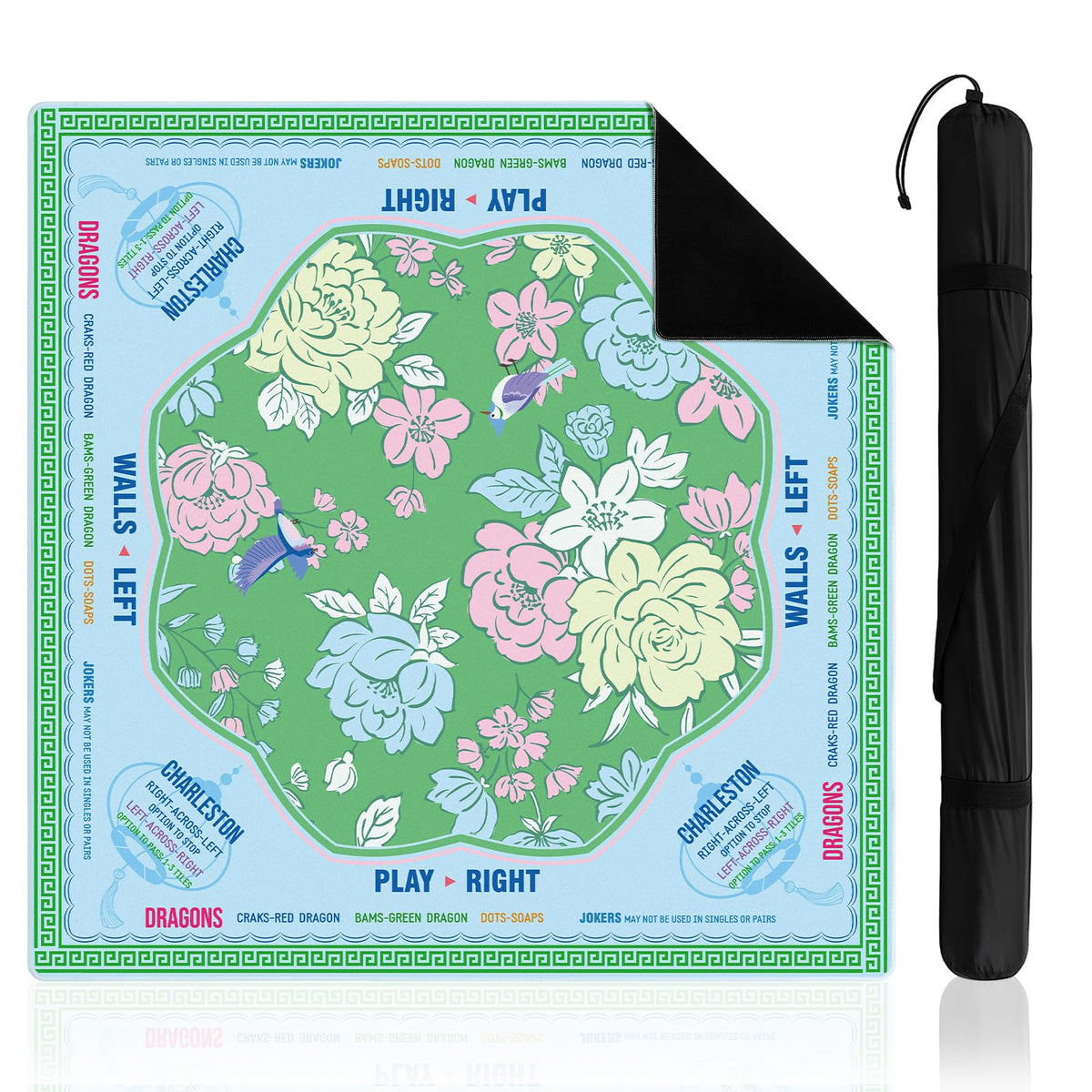 Soulchen Mahjong Mat in blue-green floral design enhances game-night aesthetics and play space.