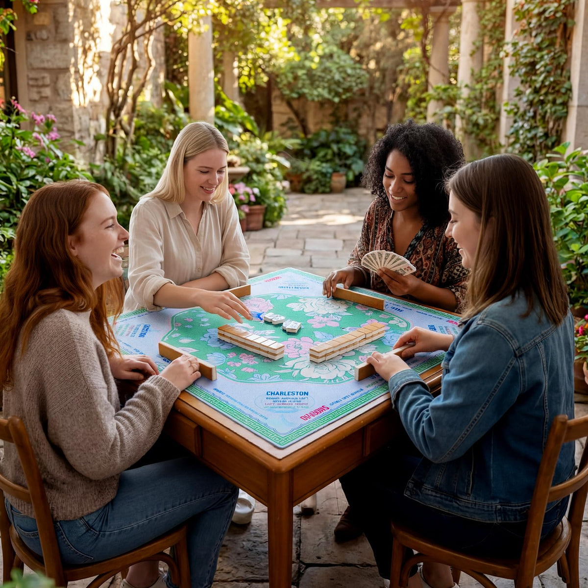 Soulchen Mahjong Mat features a bright floral border for a vibrant table setting.
