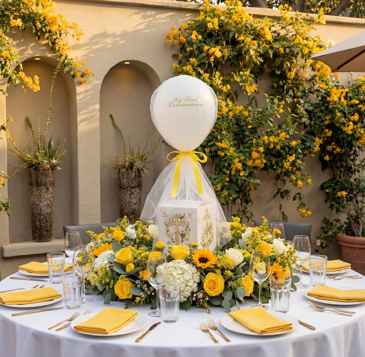 Soulchen ribbon and tulle accents elevate First Communion decor