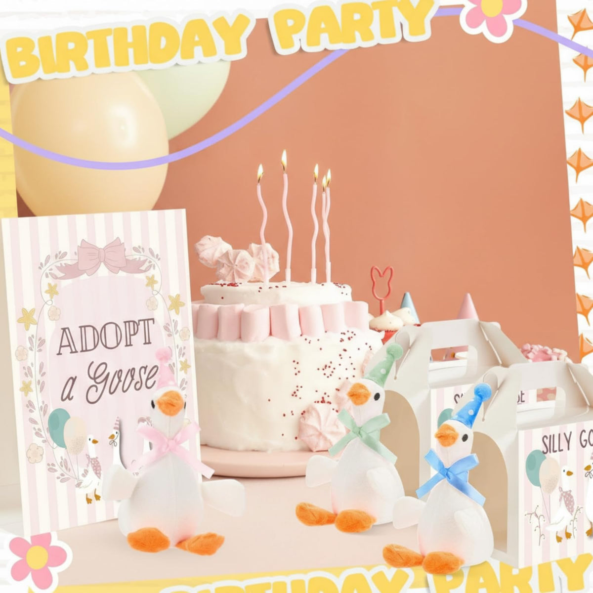 Soulchen birthday decor display showing plush geese and props in a scene.