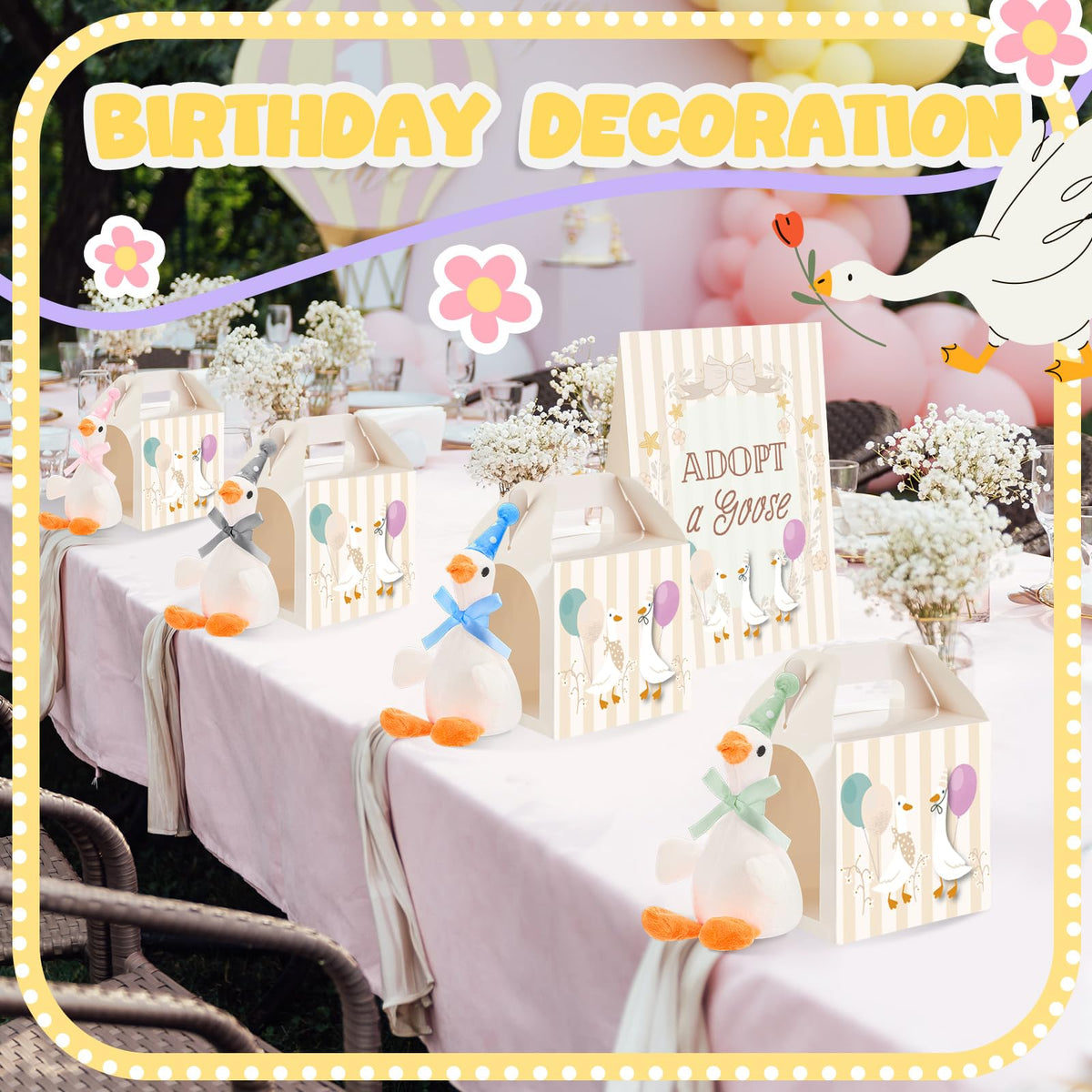 Soulchen geese wearing party hats create whimsical centerpieces.