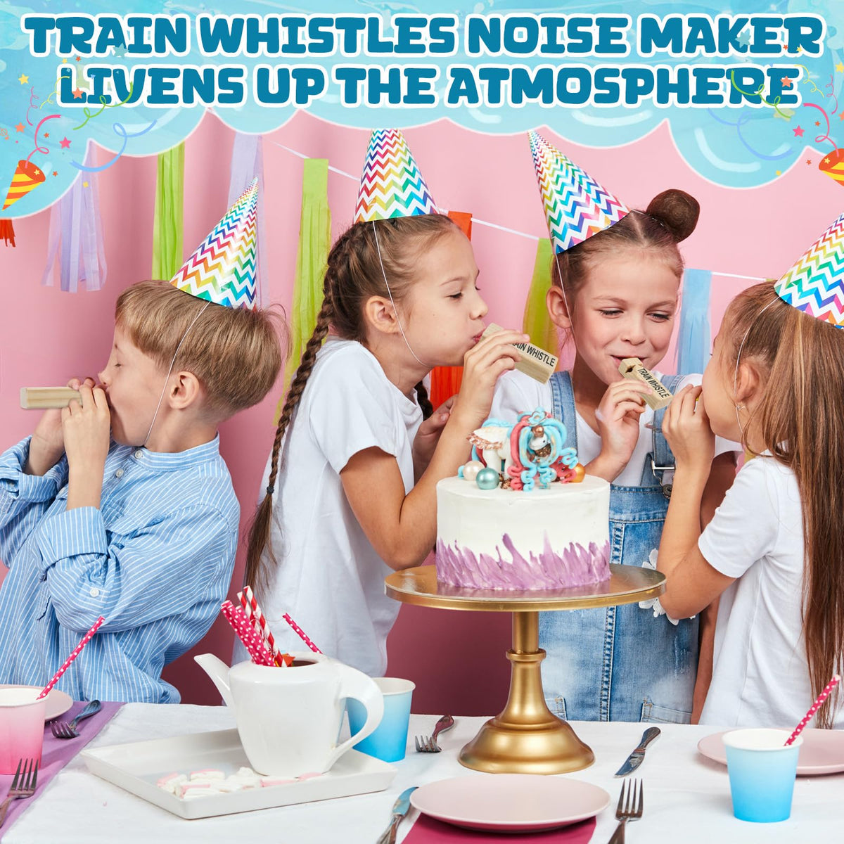Soulchen train party favors packaging with vibrant designs.