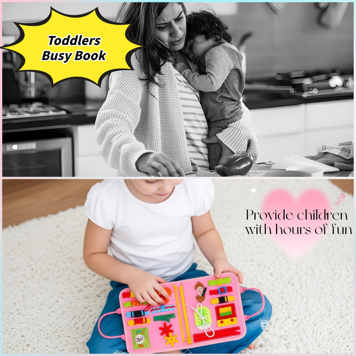 Soupost Toddler Busy Board with machine washable cover for easy cleaning.