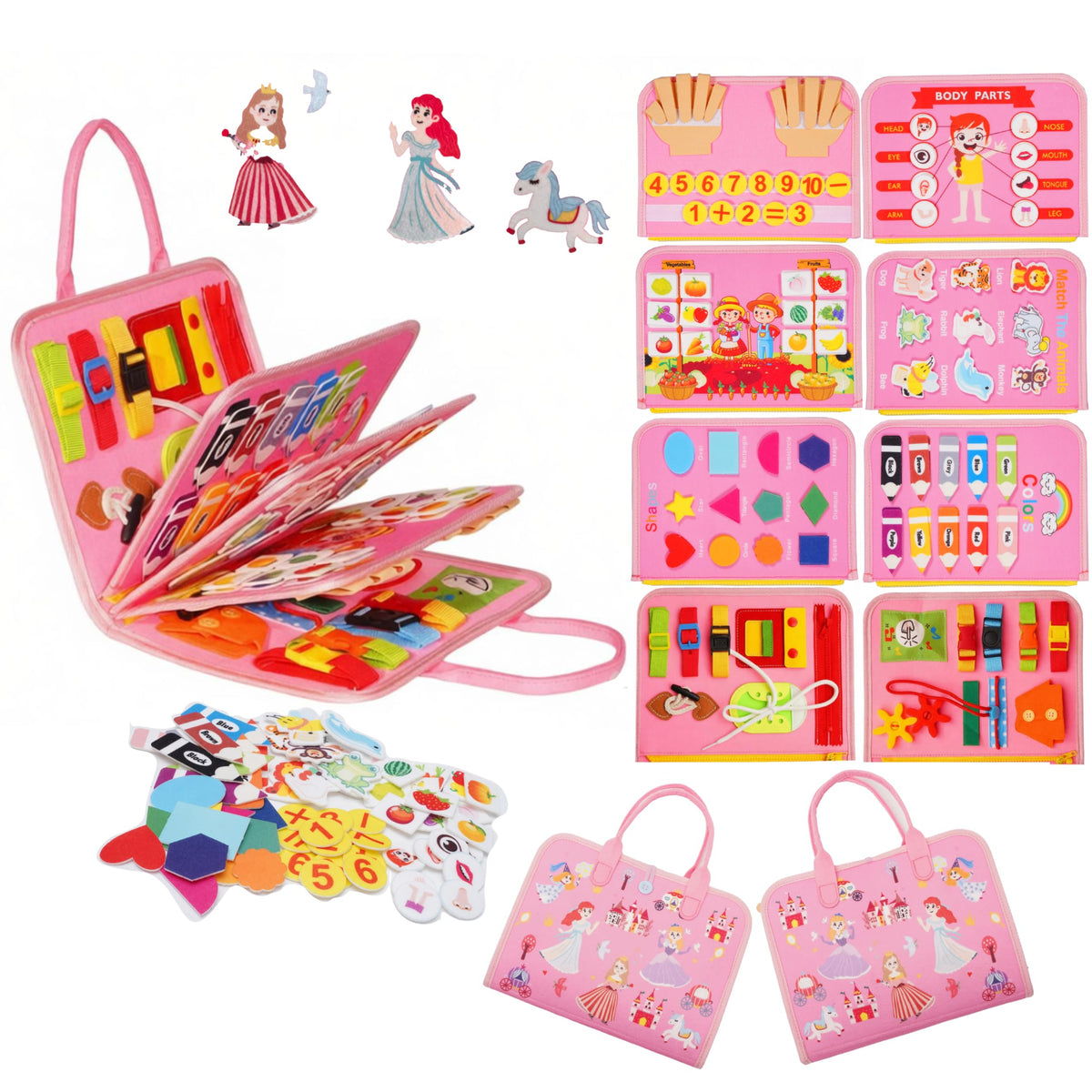 Soupost Toddler Busy Board showing zippers and buckles for on-the-go motor practice.