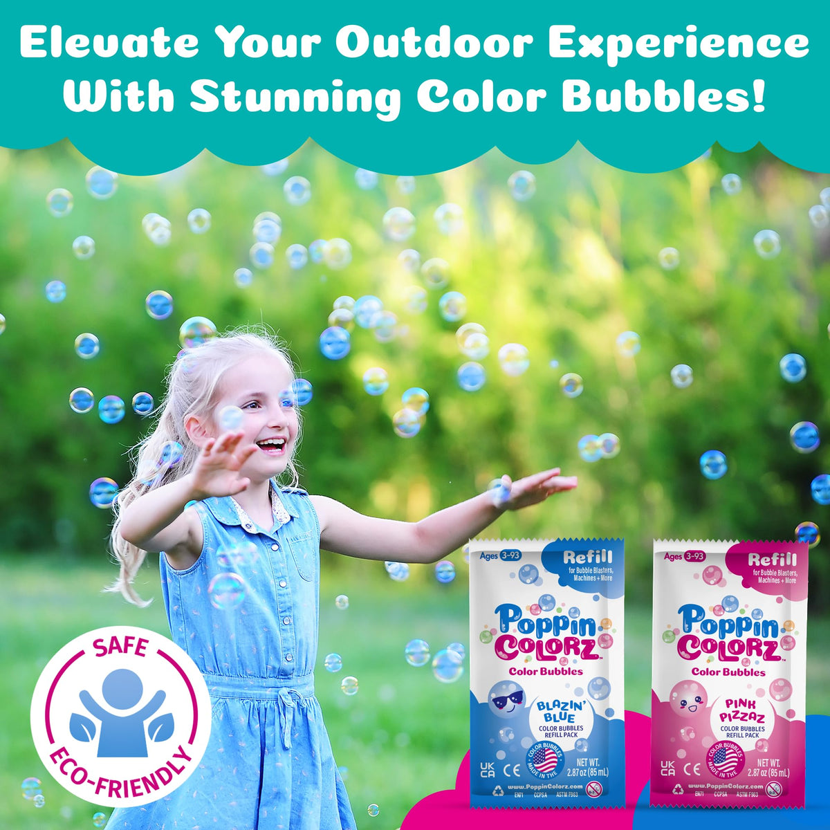 PoppinColorz USA-made bubble solution for consistent, safe bubbles