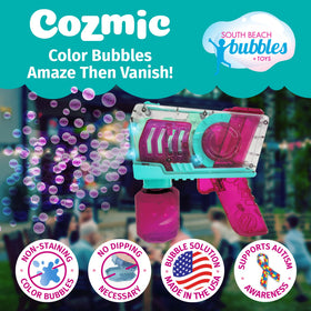 PoppinColorz Cosmic Light-Up Bubble Blaster in blue glowing during playtime