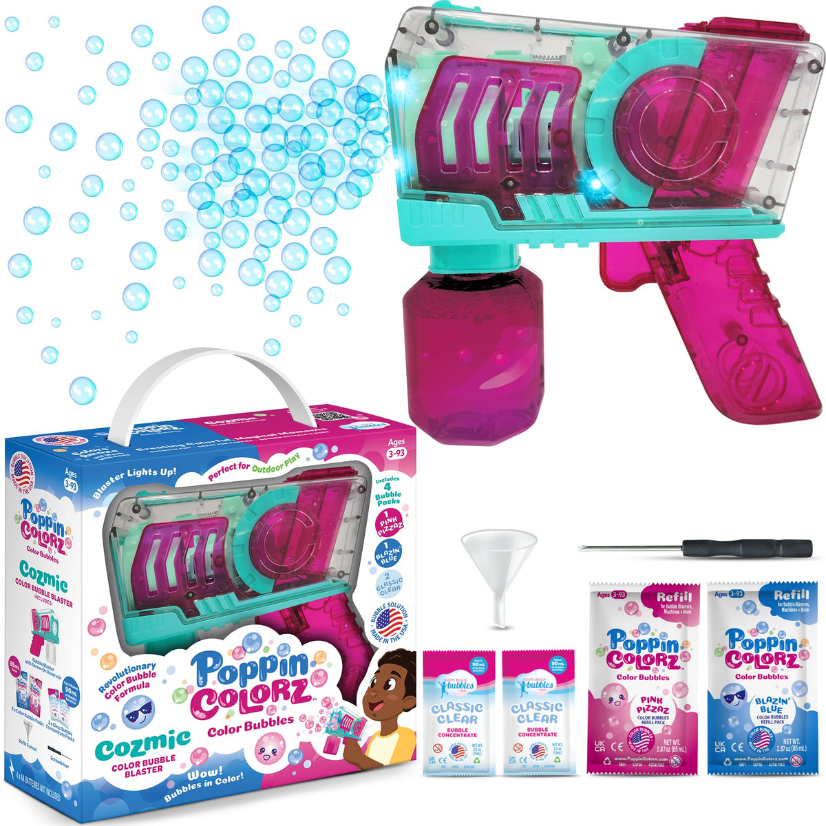 PoppinColorz Cosmic Light-Up Bubble Blaster in pink glowing with color bubbles for outdoor play