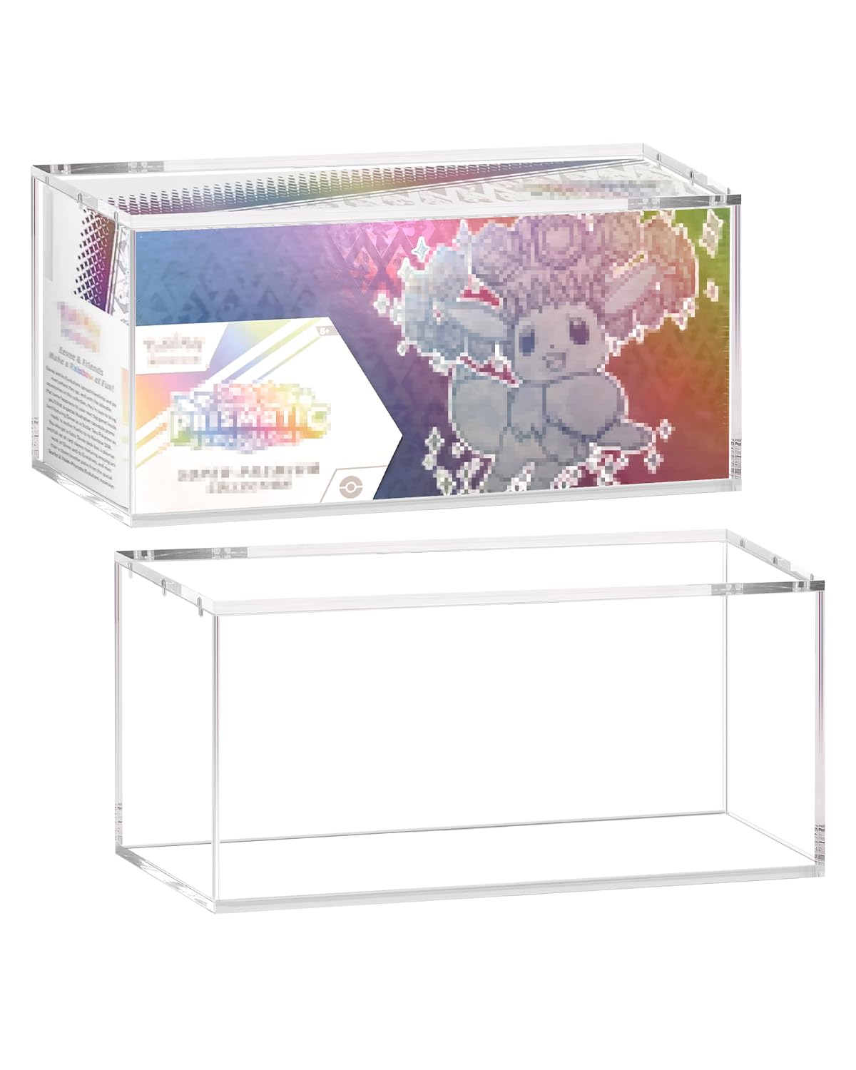 SOWANO clear acrylic display box shows precise fit for Prismatic Evolutions, securely presenting collectibles.