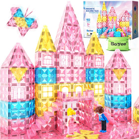 Soyee Magnetic Tiles castle 102pcs in pink theme, encouraging imaginative castle play