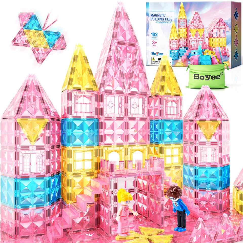 Soyee Magnetic Tiles castle 102pcs in pink theme, encouraging imaginative castle play