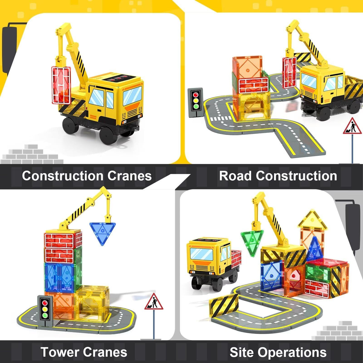 Soyee magnetic tiles construction-site setup encourages cooperative play and problem solving.