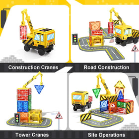 Soyee magnetic tiles construction-site setup encourages cooperative play and problem solving.