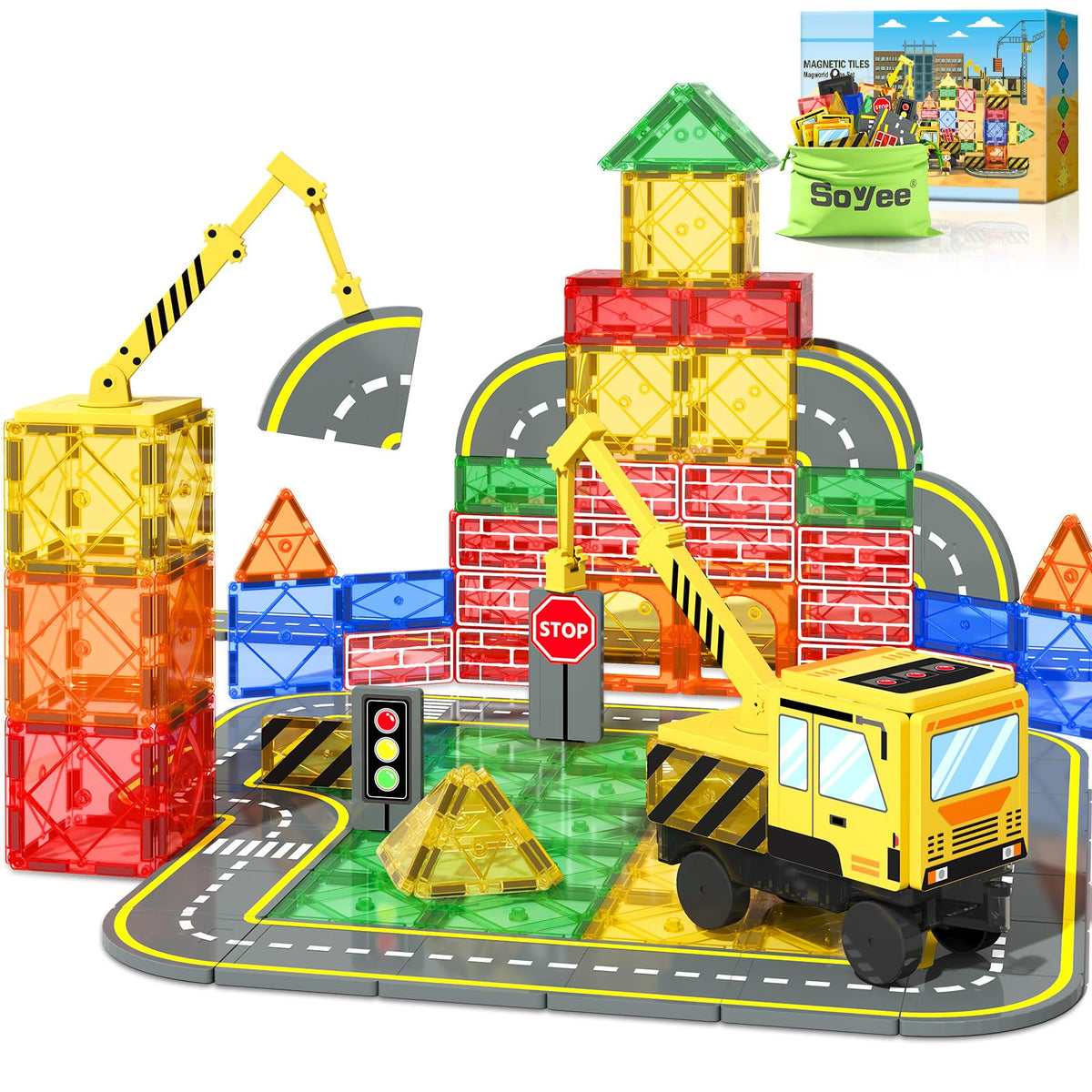 Soyee magnetic tiles crane truck set for imaginative play and early STEM discovery.