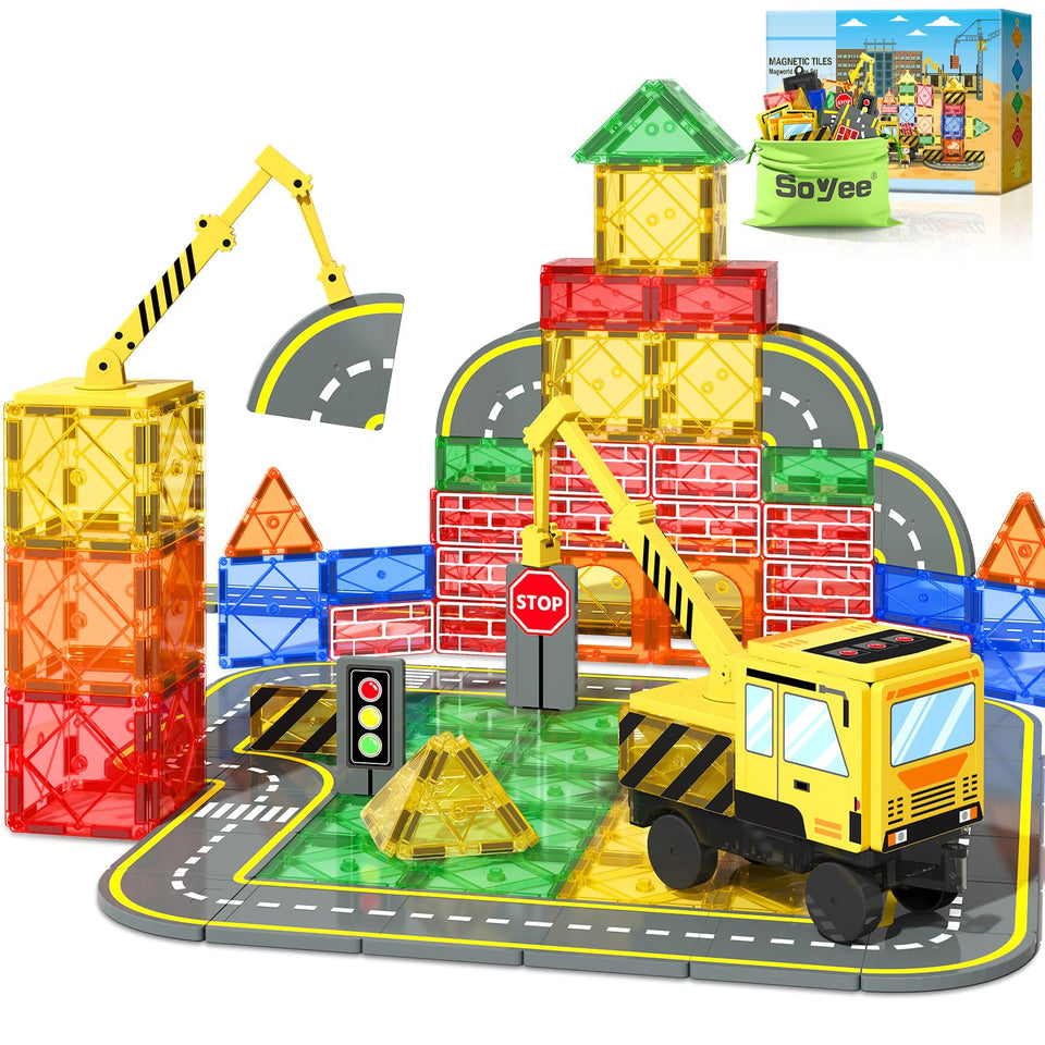 Soyee magnetic tiles crane truck set for imaginative play and early STEM discovery.