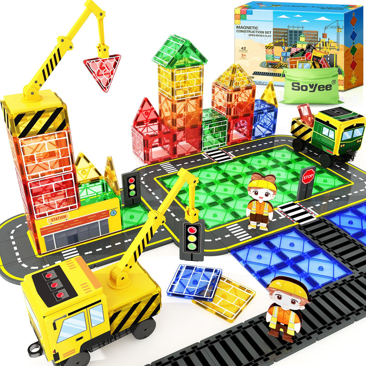 Soyee magnetic tiles with extendable cranes for imaginative construction play and motor skill growth