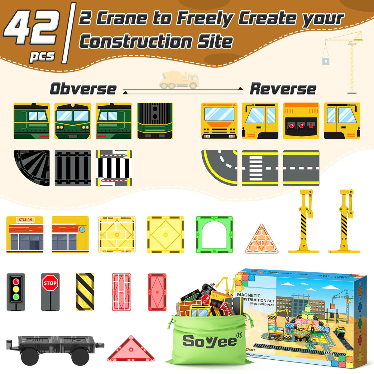 Soyee magnetic tiles including traffic lights and enclosures for authentic scenes