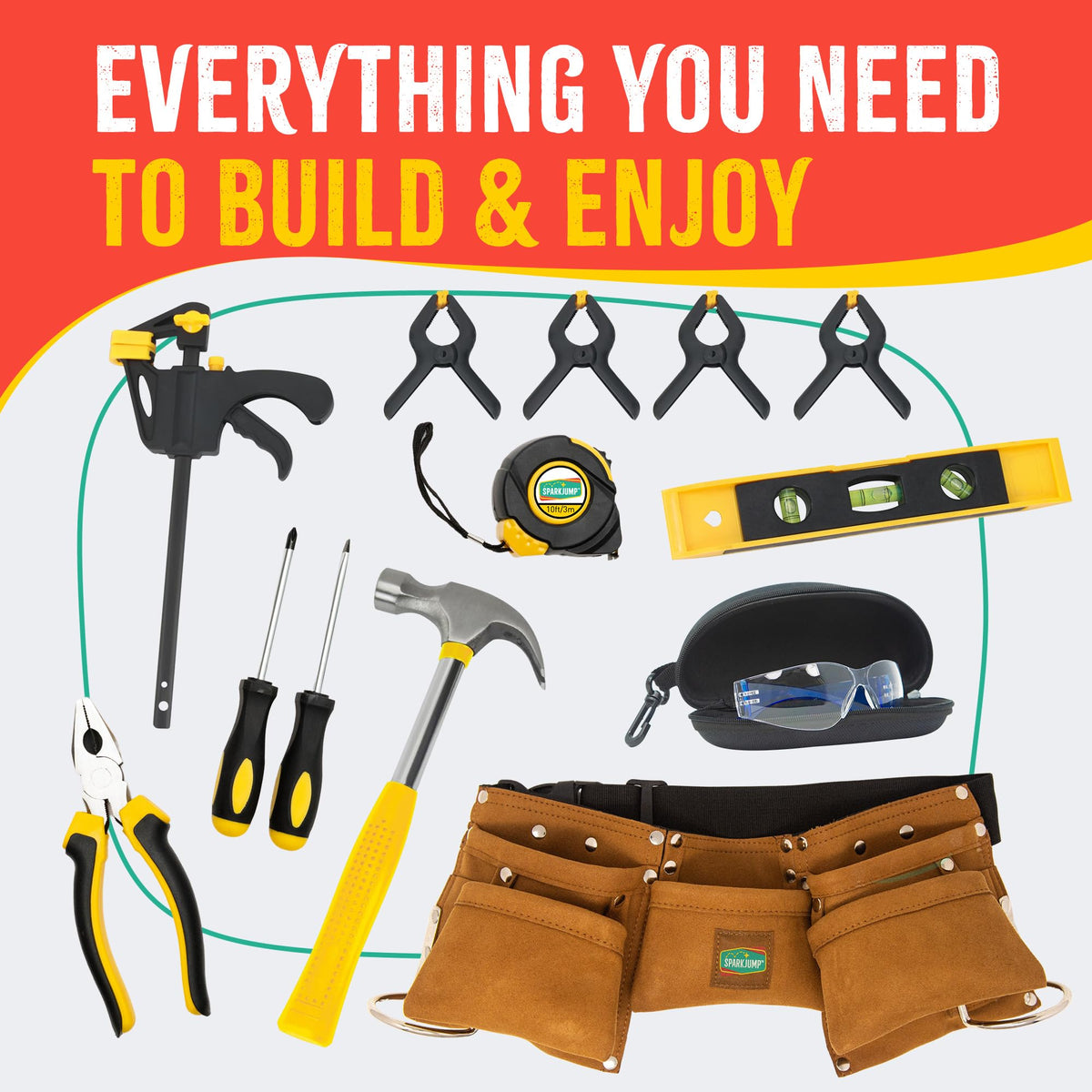 SparkJump Deluxe kids tool set box keeps tools organized during projects