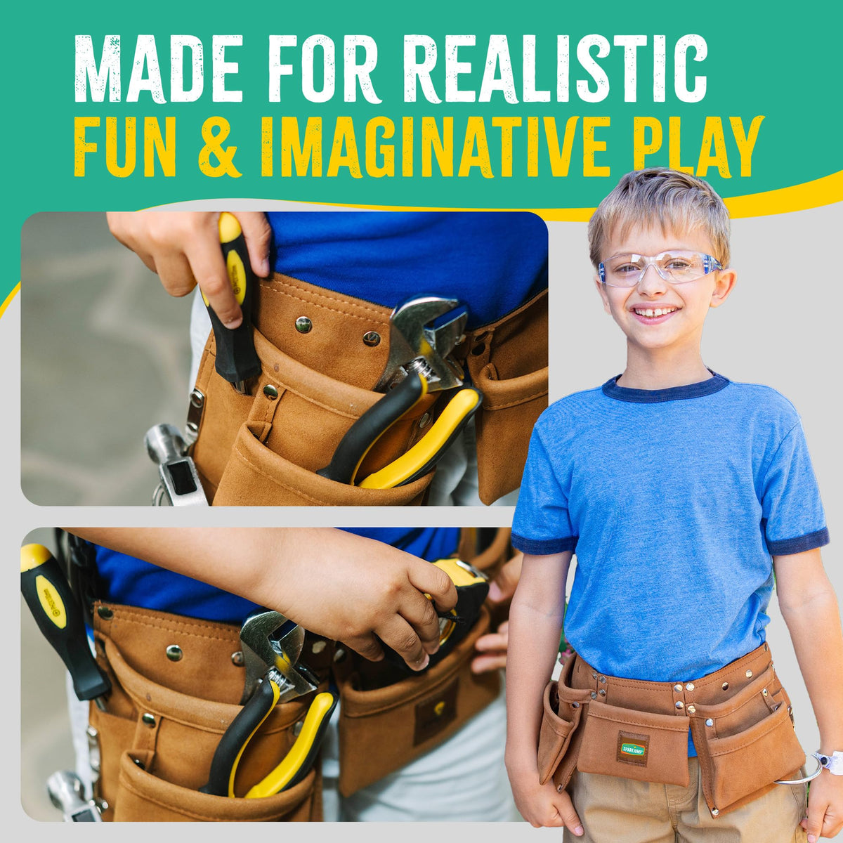 SparkJump belt worn by child during dress-up woodworking pretend play