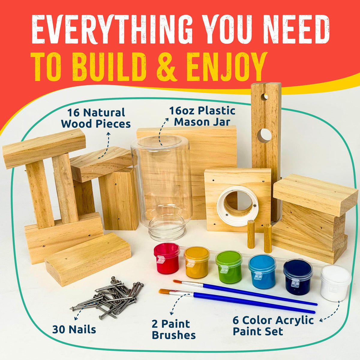 SparkJump woodworking kit contents laid out for a hands-on STEM project.
