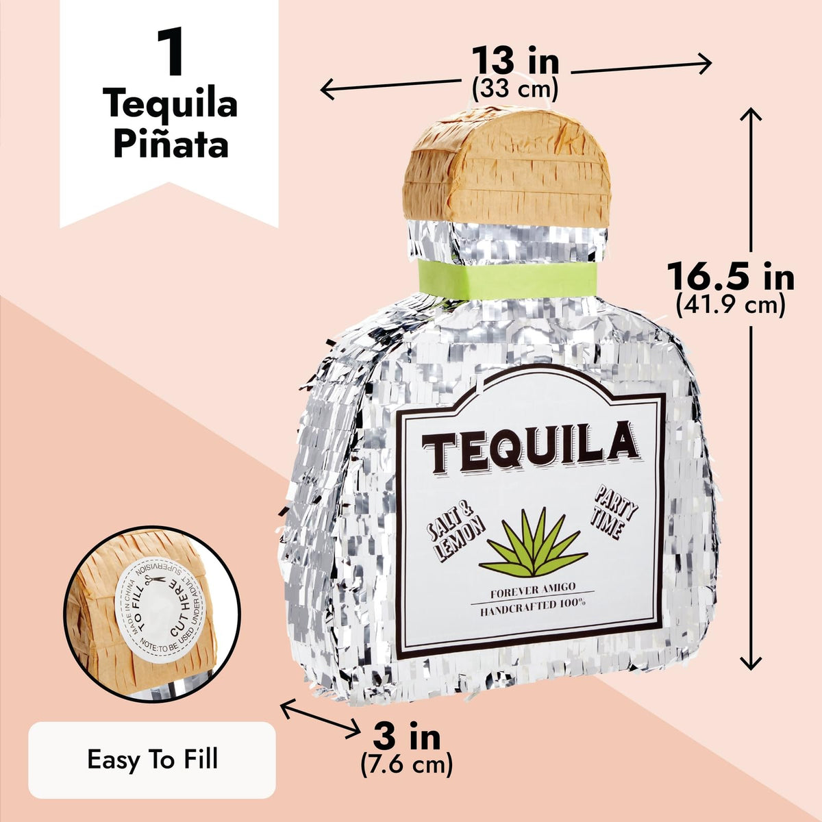 Sparkle and Bash tequila pinata centerpiece sized 16.5 by 13 by 3 inches.