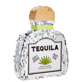 Sparkle and Bash tequila pinata bottle shape with silver foil for festive table decor.