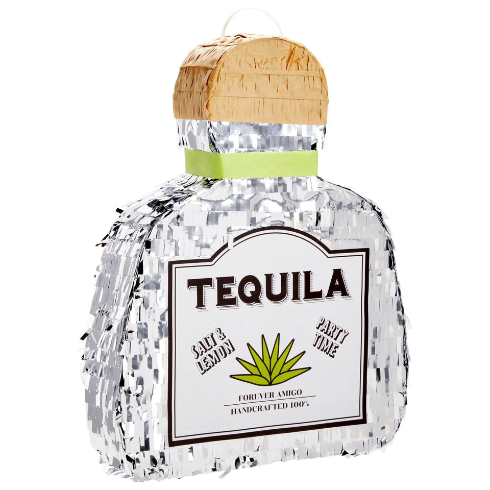Sparkle and Bash tequila pinata bottle shape with silver foil for festive table decor.