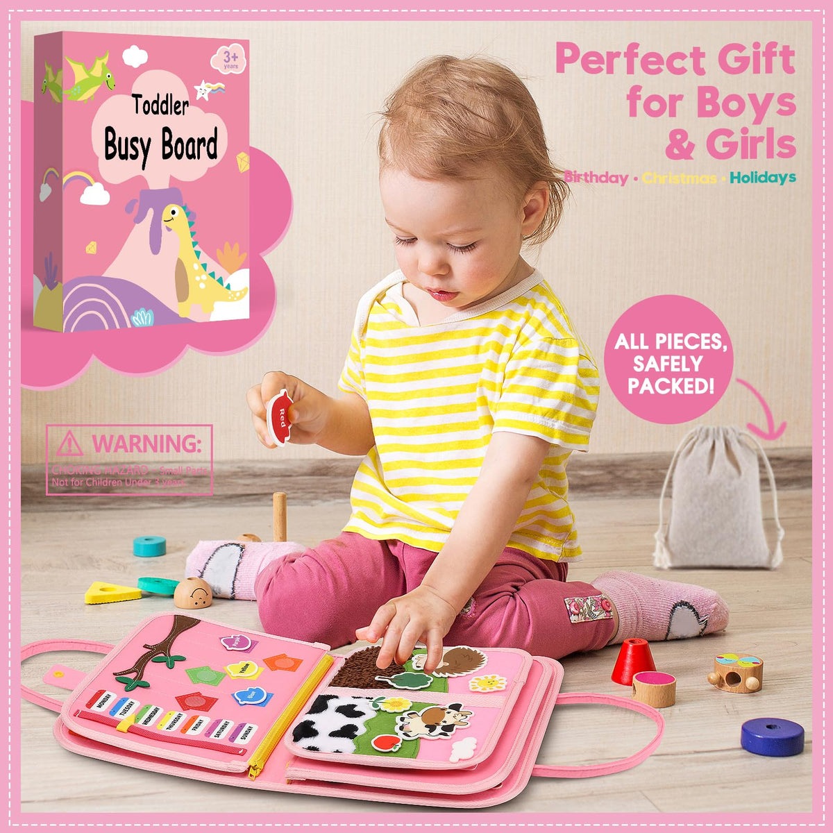 SparkleMe Busy Board with buckles and clips for coordinated play