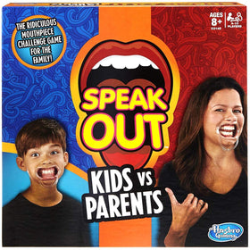 Speak Out Hasbro Kids vs Parents game box with kid- and adult-sized mouthpieces for family laughs.