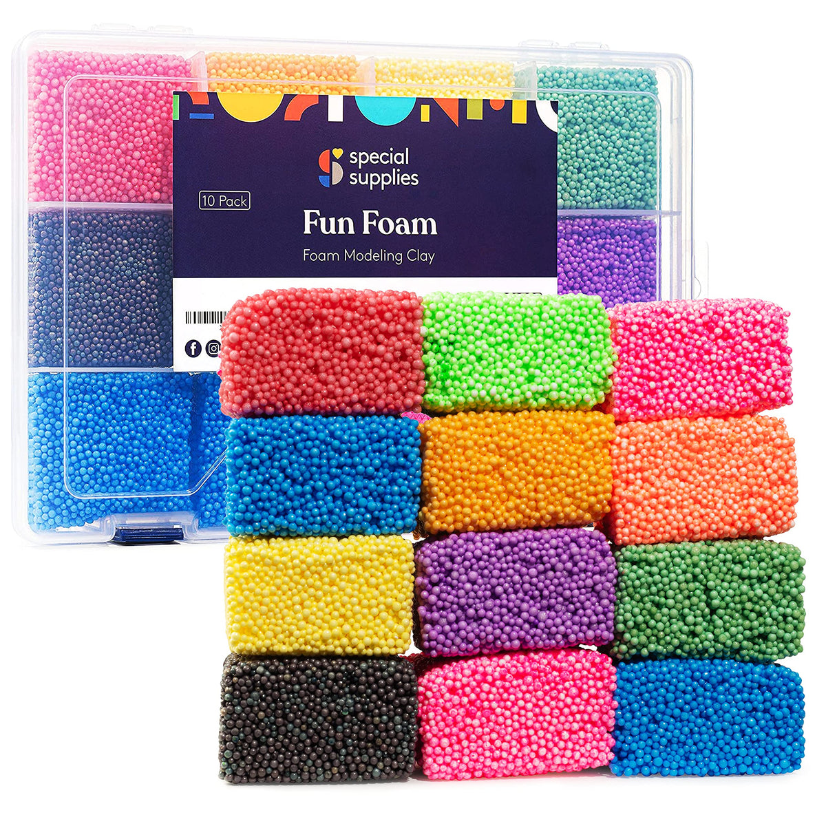 Special Supplies foam beads packaging showing the reusable container for organized play.