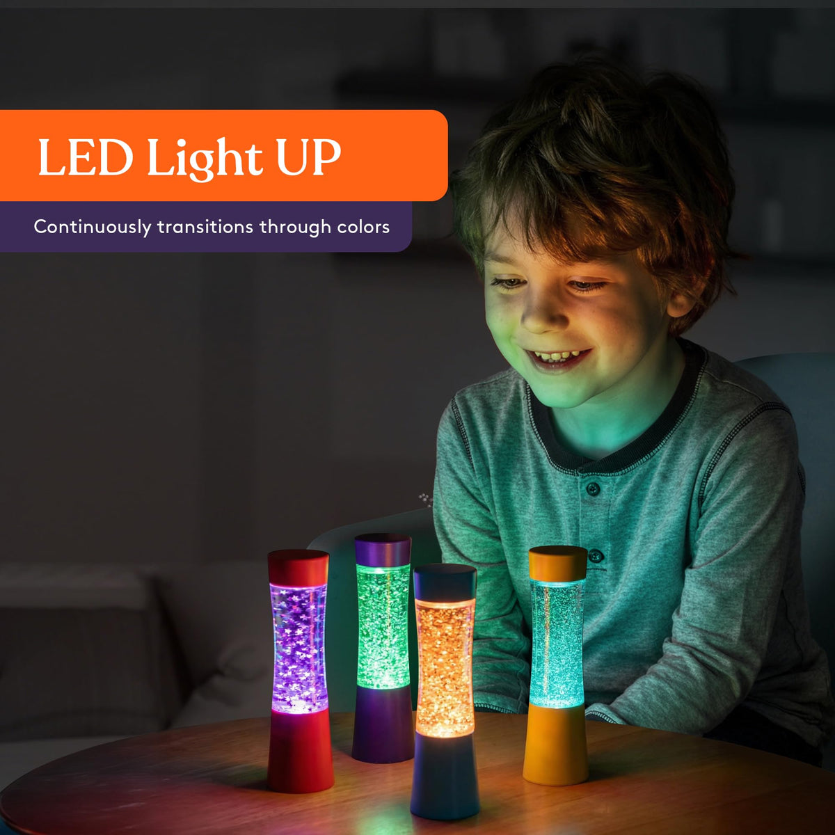 Special Supplies light-up glitter tube with blue glitter swirls ideal for focused study breaks.