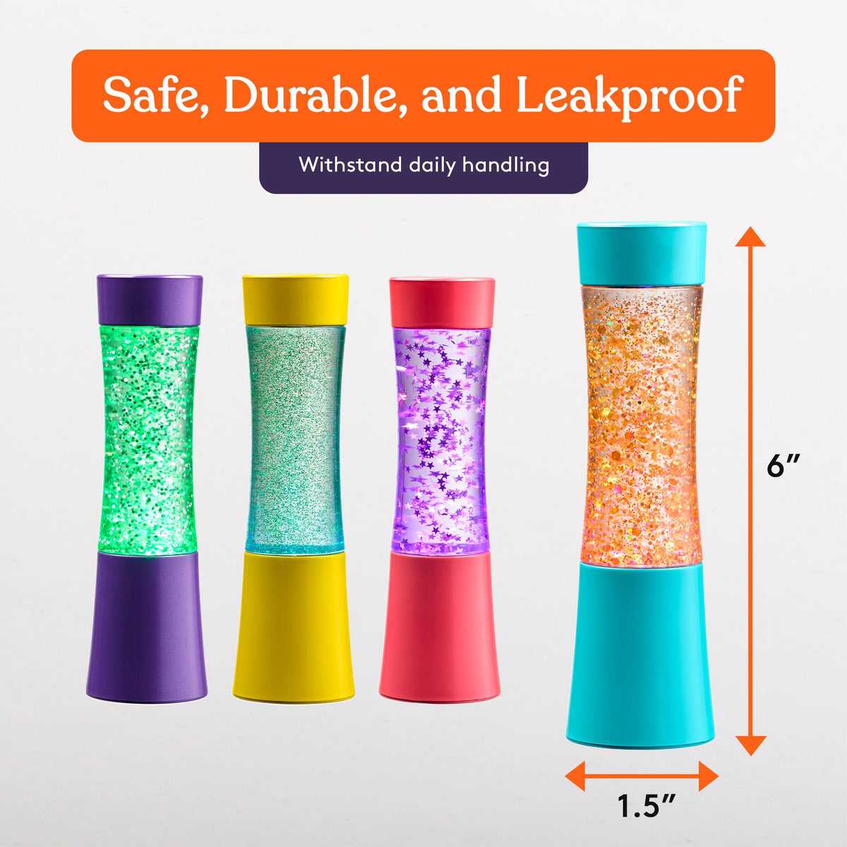 Special Supplies light-up glitter tube with green glitter swirls supports mindful, quiet moments.