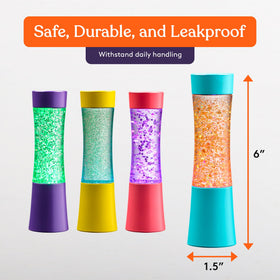 Special Supplies light-up glitter tube with green glitter swirls supports mindful, quiet moments.