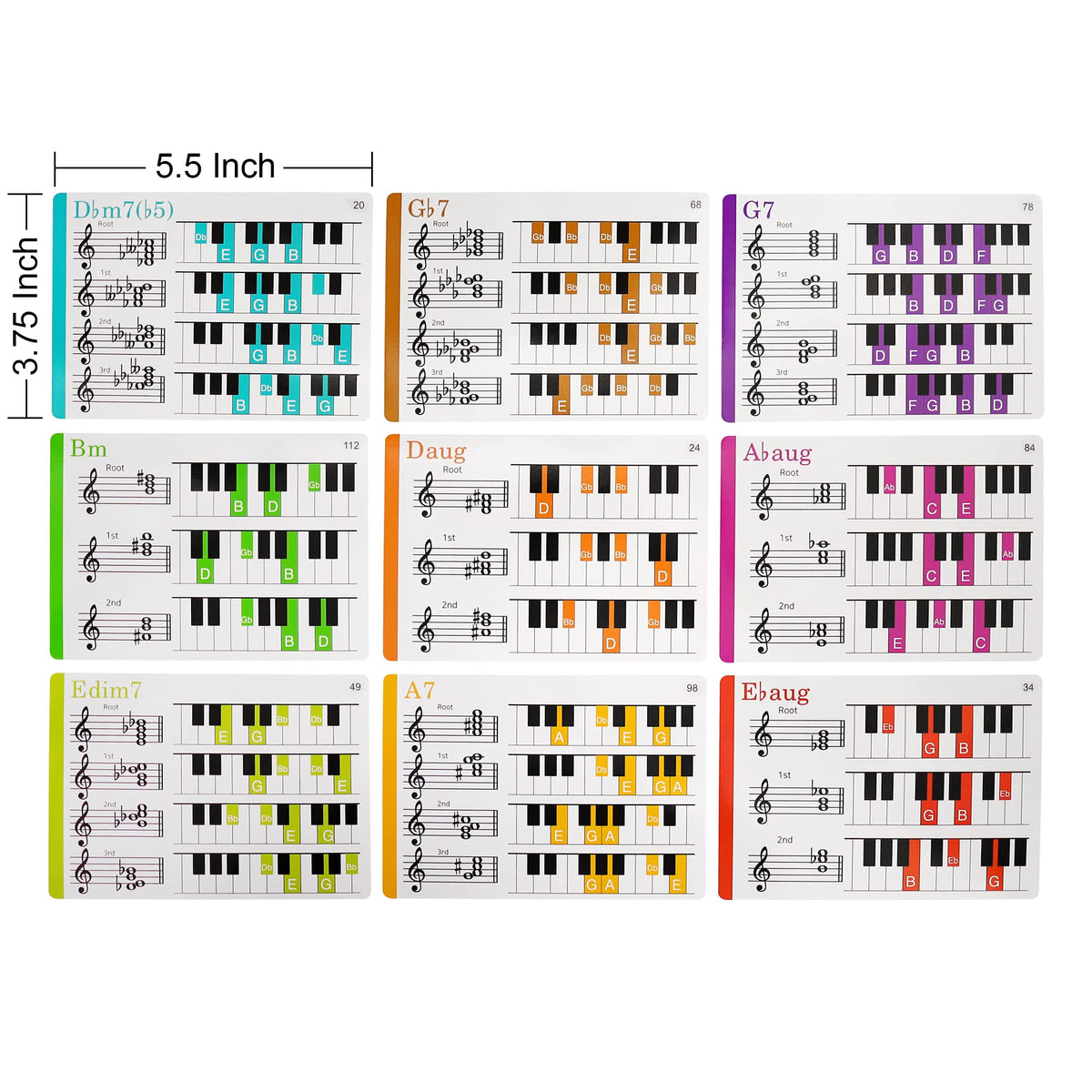 Spedemy color-coded piano chord flashcards illustrating key-based recognition.