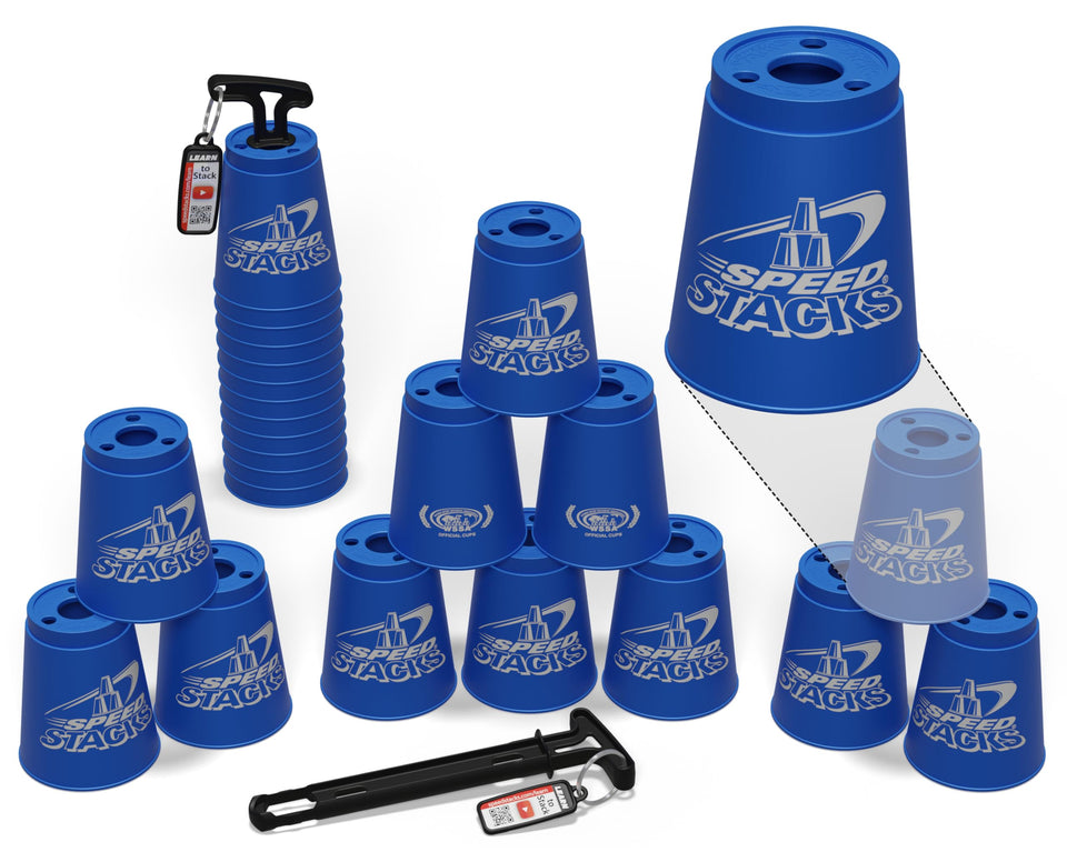 Speed Stacks blue 12-cup set arranged for fast stacking practice