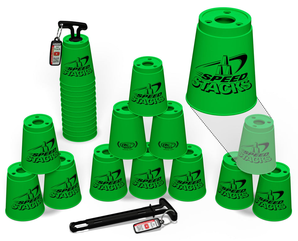 Speed Stacks green 12 cups ready for fast sport stacking practice.