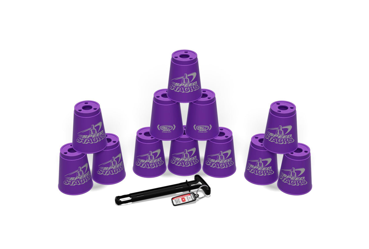 Speed Stacks Purple holding stem shown for safe transport and quick setup.