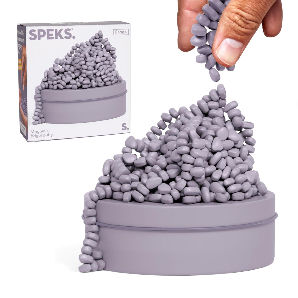 Speks Crags tin open shows a mess-free fidget setup for desk use.