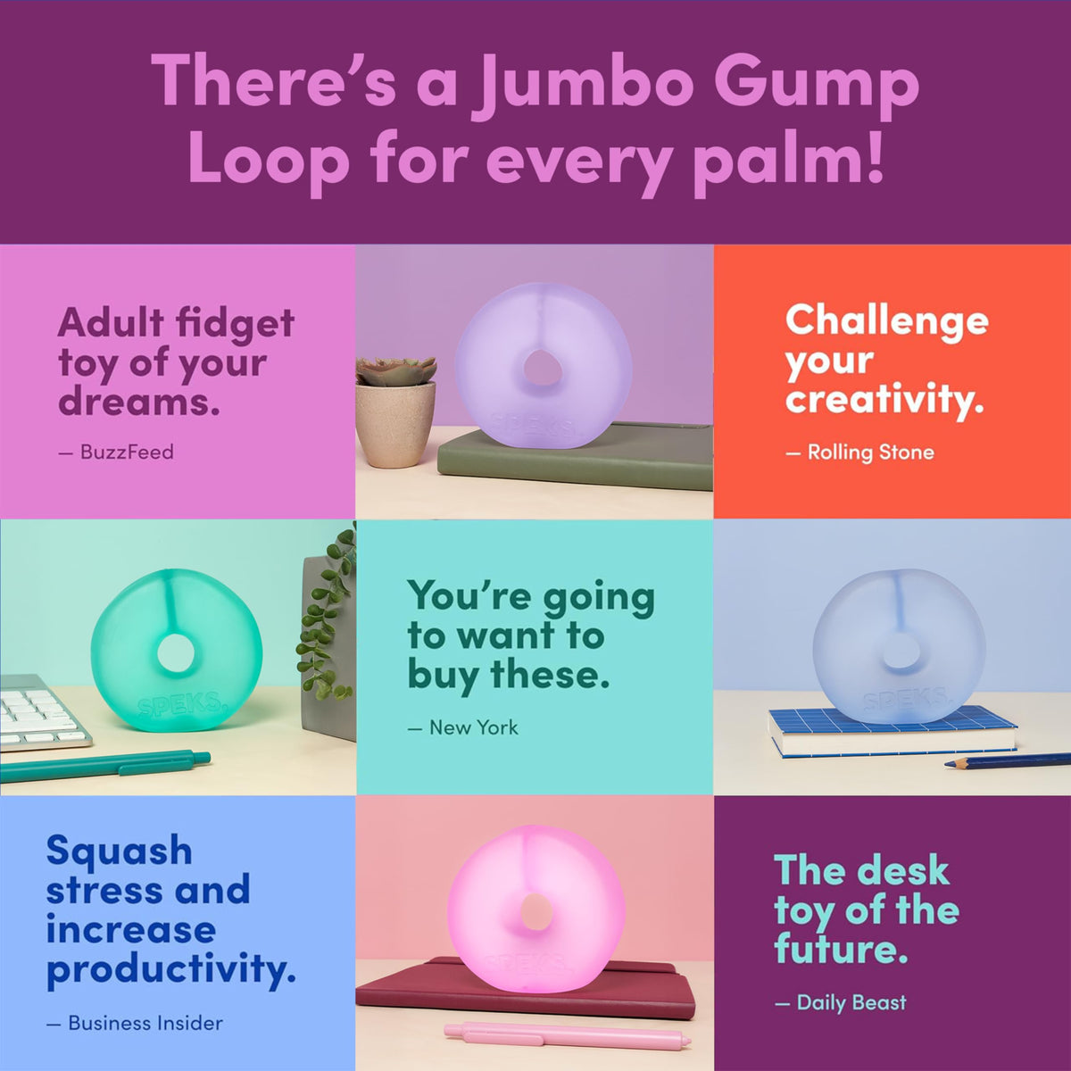 Speks Gump Jumbo Loop in hand illustrates sensory relief and calm focus.