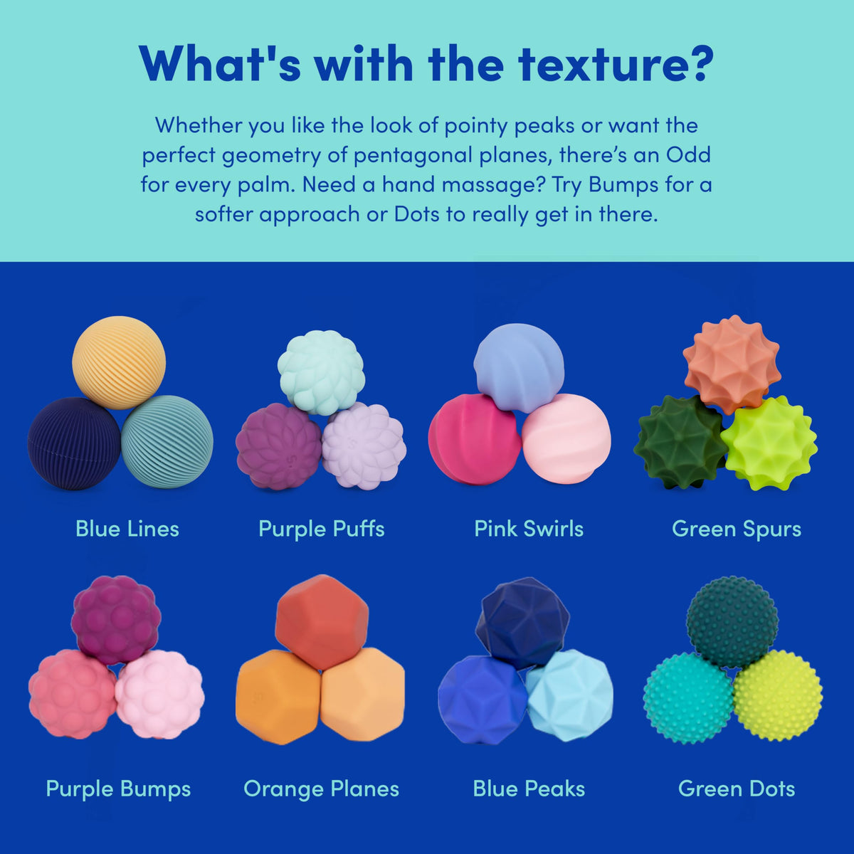 Speks Odds four-shapes blue set, varied textures for diverse tactile experiences.