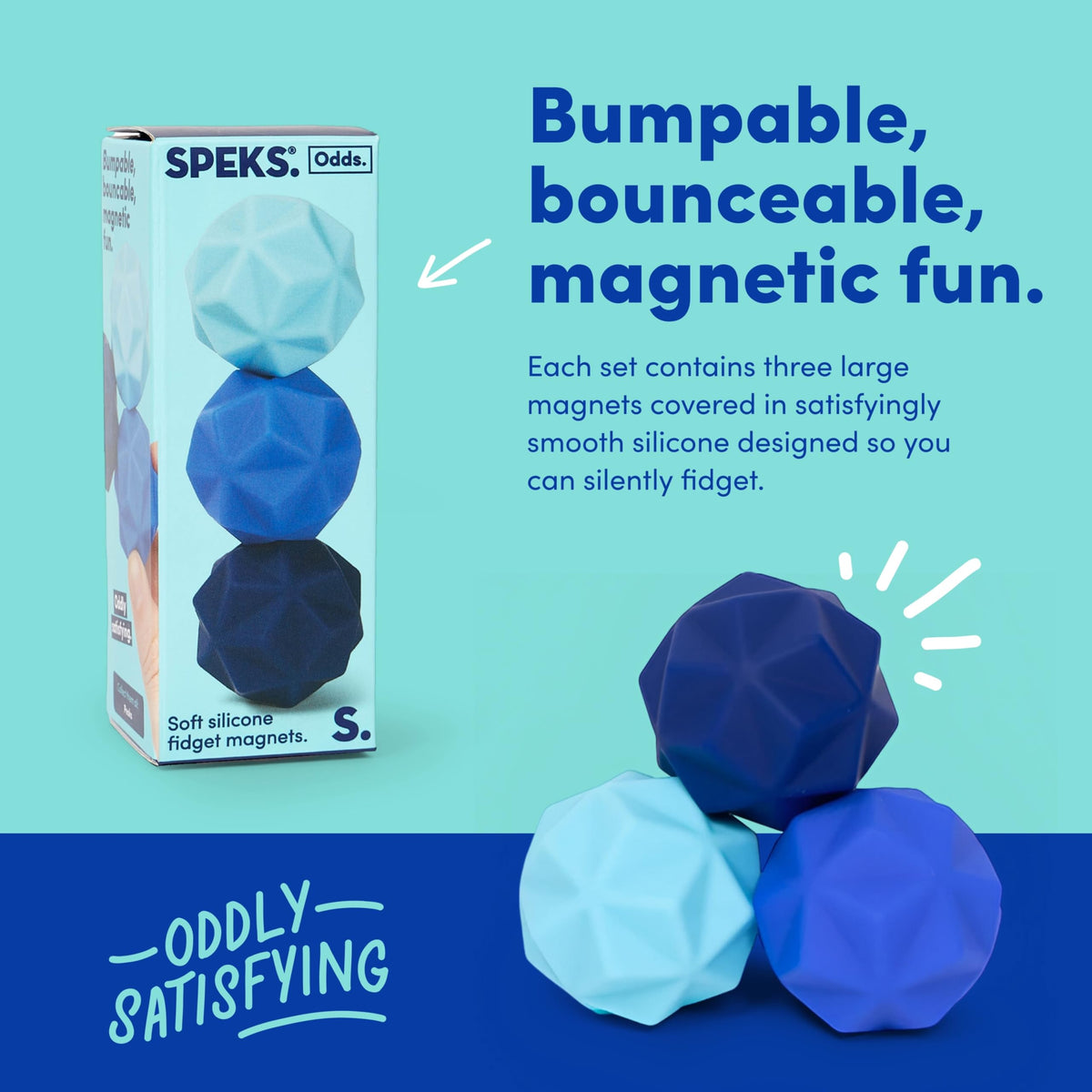 Speks Odds silent desk toy in blue, ideal for meetings and quiet workspaces.