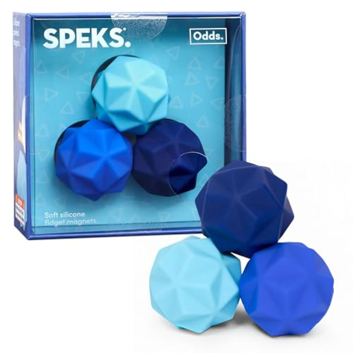 Speks Odds soft silicone fidget ball in blue, whisper-quiet for focused work.